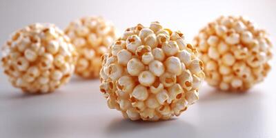 Unique spherical popcorn clusters arranged artistically on a clean surface during a bright indoor setting photo