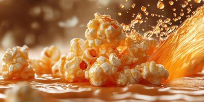 Delicious popcorn splashes in caramel sauce creating a tempting dessert experience photo