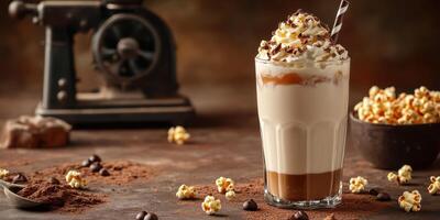 Creamy dessert drink with chocolate shavings and popcorn on rustic table in a cozy cafe setting photo