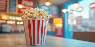 Enjoying fresh popcorn in a cozy cinema setting with vibrant colors and a warm atmosphere photo