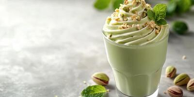 Refreshing mint and pistachio dessert served in a glass on a rustic countertop photo