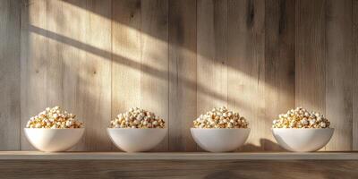 Bowls of popcorn arranged on a wooden shelf illuminated by natural light in a cozy setting photo