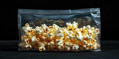 Freshly popped popcorn in a clear bag ready for movie night or snacking on a cozy evening photo
