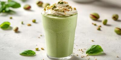 Refreshing green smoothie topped with whipped cream and chopped nuts in a glass surrounded by fresh ingredients photo