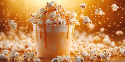 Delicious bowl overflowing with caramel popcorn on a golden background during a festive gathering photo