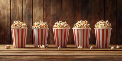 Popcorn in striped cups arranged on a rustic wooden table for a movie night experience photo
