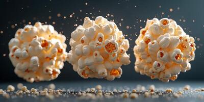 Floating popcorn kernels create an appetizing display in a blurred background photo