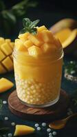 Delicious mango dessert with tapioca pearls and fresh mint garnish on a wooden plate photo