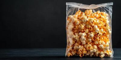 Bag of freshly popped caramel popcorn ready to enjoy during a movie night at home photo