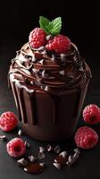 Rich chocolate cupcake topped with fresh raspberries and chocolate chips under soft lighting photo