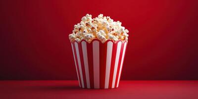 Classic striped popcorn bucket filled with fluffy popcorn against a vibrant red background photo