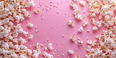 Popcorn scattered on a pink background creating a playful and vibrant atmosphere for snacks or events photo