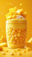 Delicious mango dessert in a clear jar with whipped cream and fresh mango cubes on top against a vibrant yellow background photo