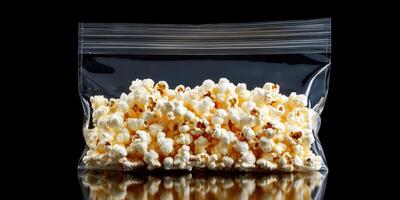 Freshly popped popcorn in a clear bag on a dark reflective surface ready for snacking during movie night photo