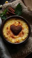 Warm dessert features a heart-shaped cinnamon design on creamy corn pudding in a rustic bowl photo