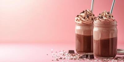Rich chocolate milkshakes topped with whipped cream and chocolate shavings on a pastel background photo