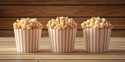 Popcorn in striped containers ready for movie night, set against a wooden background in a cozy atmosphere photo