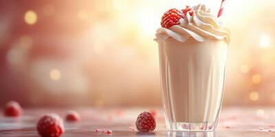 Creamy milkshake topped with whipped cream and fresh raspberries on a bright summer day photo