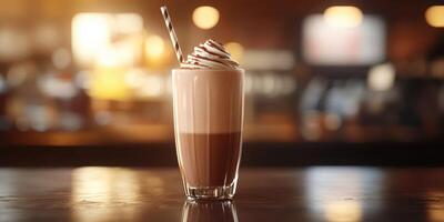 Delicious layered coffee drink with whipped cream and chocolate syrup in a cozy cafe setting photo