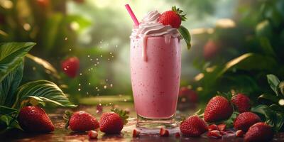Delicious fresh strawberry milkshake garnished with cream and mint leaves surrounded by ripe strawberries in lush green setting photo