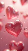 Floating red hearts surrounded by bubbles create a dreamy atmosphere in a soft pink background photo
