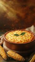 Delicious creamy corn casserole served in a rustic bowl with fresh kernels nearby in warm lighting photo