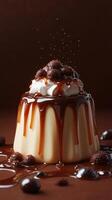 Delicious chocolate dessert with caramel drizzle and whipped cream presented on a brown backdrop photo