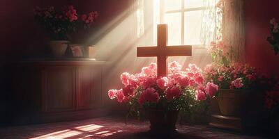 Morning light illuminates a cross surrounded by blooming flowers in a serene indoor setting photo