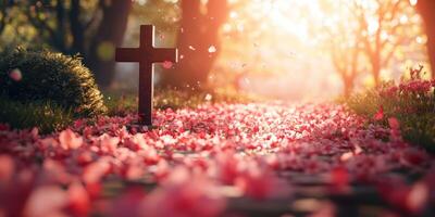 Red wooden cross stands amidst fallen petals in a sunlit garden during springtime photo