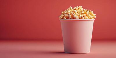 Popcorn in a pink cup against a red background creates a playful, inviting snack scene ideal for movie nights photo