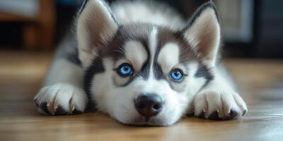 Cute husky puppy resting indoors with striking blue eyes and fluffy coat on a wooden floor during the afternoon photo