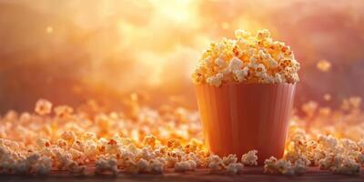Popcorn overflowing from a container with warm lighting creating a cozy atmosphere photo