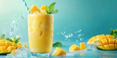 Refreshing mango smoothie prepared with fresh fruit and ice in a bright setting during sunny weather photo