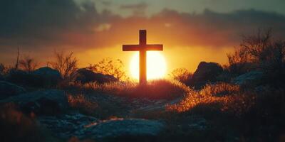 Sunset silhouette of a cross with vibrant colors in the background reflecting a moment of tranquility photo