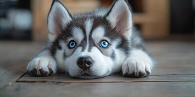 Cute husky puppy relaxing on wooden floor with captivating blue eyes, showcasing playful demeanor photo