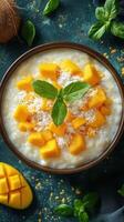 Delicious mango coconut rice pudding served in a bowl with fresh mint leaves on a blue background photo