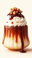 Decadent dessert topped with whipped cream and drizzled caramel sauce on a clear glass dish photo