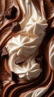 Chocolate and cream swirls topped with chunks of dark chocolate create a delicious dessert treat photo
