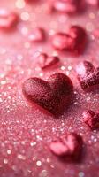 Glittering red hearts scattered on a shimmering pink surface for romantic celebrations photo