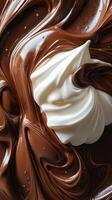 Swirls of dark chocolate and whipped cream create a rich dessert topping in a culinary setting photo