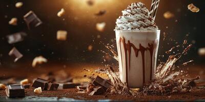 Decadent dessert drink with whipped cream and chocolate splashes in a cozy cafe setting photo
