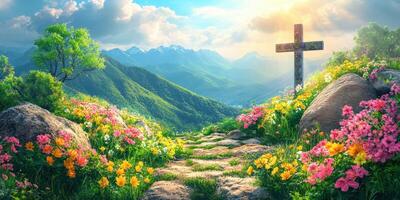 Beautiful blooming flowers along a pathway leading to a cross in a serene mountainous landscape during golden hour photo