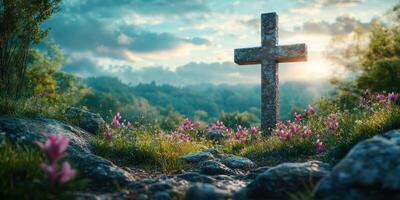 Scenic landscape featuring a stone cross surrounded by colorful flowers at sunset photo