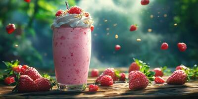 Delicious strawberry and raspberry smoothie garnished with whipped cream set in a natural environment photo