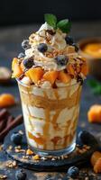 Delicious dessert with layers of cream, fruit, and toppings served in a clear glass at a cozy cafe photo