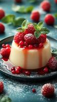 Delightful dessert featuring creamy panna cotta topped with fresh raspberries and mint leaves served on a dark plate photo