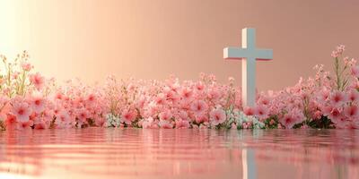 White cross surrounded by pink flowers reflecting in calm water during sunset photo