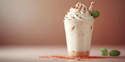 Creamy dessert beverage topped with whipped cream and chocolate shavings in an elegant glass at a cozy cafe photo