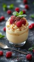 Delicious dessert featuring creamy layer with raspberries and mint garnished in a glass on a dark background photo