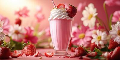Strawberry milkshake with whipped cream and strawberries surrounded by flowers in a vibrant pink setting photo